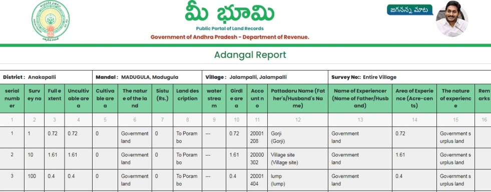 Adangal Report